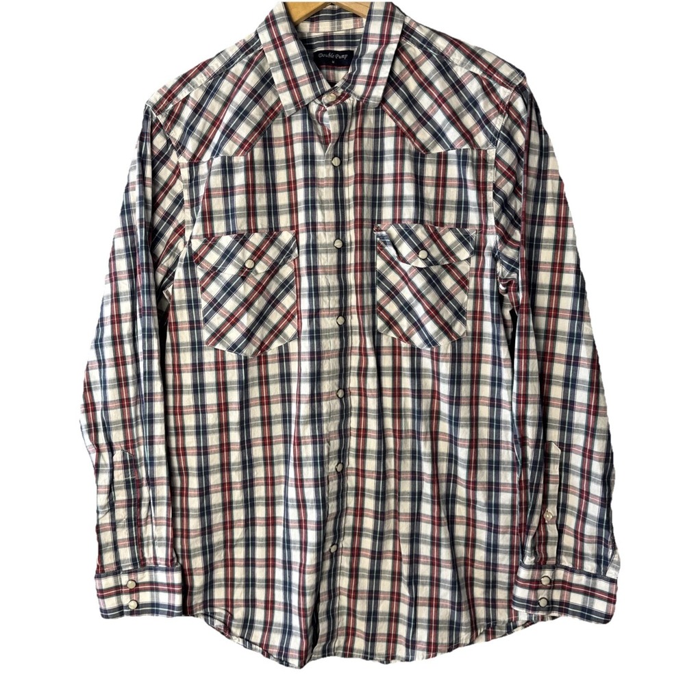 Double Pump Western Shirt Men M Multicolor Plaid Pearl Snap‎ Cotton